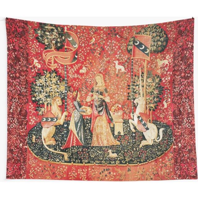 Tapestry 60x50inch LADY AND UNICORN,SMELL,Lion,Fantasy Flowers,Animals Red Green Floral Wall Hanging Art DÃ©cor Living Room