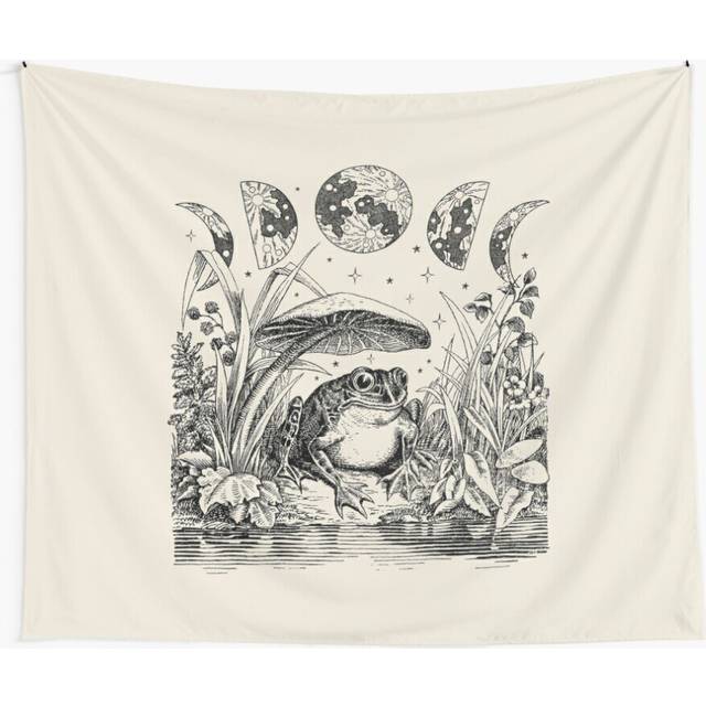 Tapestry 60x50inch Cottagecore Aesthetic Frog, Mushroom Moon Witchcraft: Vintage Dark Academia, Goblincore Froggy Wall Hanging Art DÃ©cor Living Room