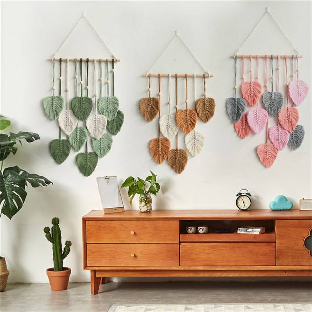 Leaf Macrame Wall Hanging Boho Room Home Decor Woven Aesthetic Wall Tapestry Home Room Wedding Decoration Pink