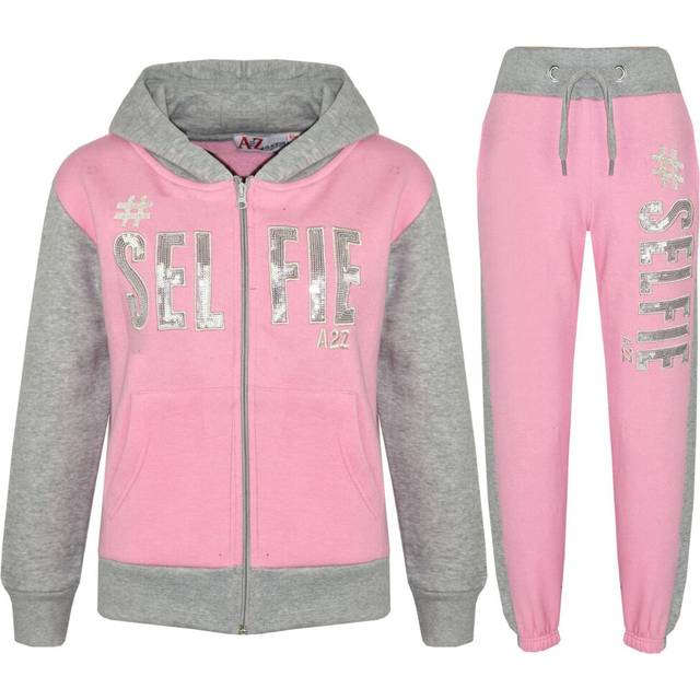 (7-8 Years) Kids Girls Tracksuit Designer #Selfie Baby Pink & Grey Top & Bottom Jogging Suit