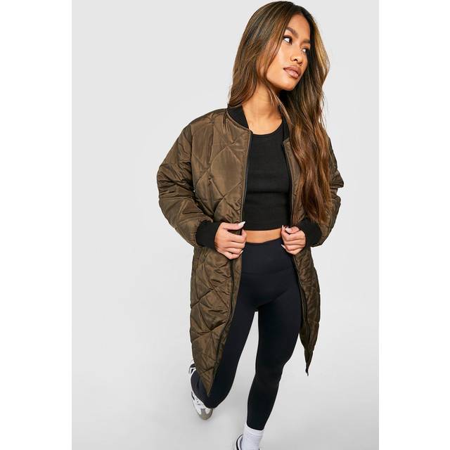 Womens Longline Quilted Bomber Jacket - Green - 14