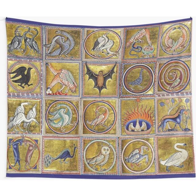 Tapestry 60x50inch MEDIEVAL BESTIARY, FANTASTIC ANIMALS IN GOLD RED BLUE COLORS Wall Hanging Art DÃ©cor Living Room