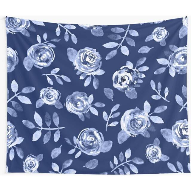 Tapestry 60x50inch Hand painted navy blue white watercolor floral roses pattern Wall Hanging Art DÃ©cor Living Room