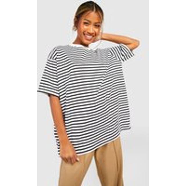 Womens Boohoo Basics Cotton Oversized Striped T-shirt - White - 16