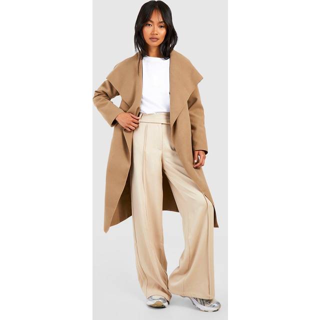 Womens Belted Waterfall Coat - Beige - S/M