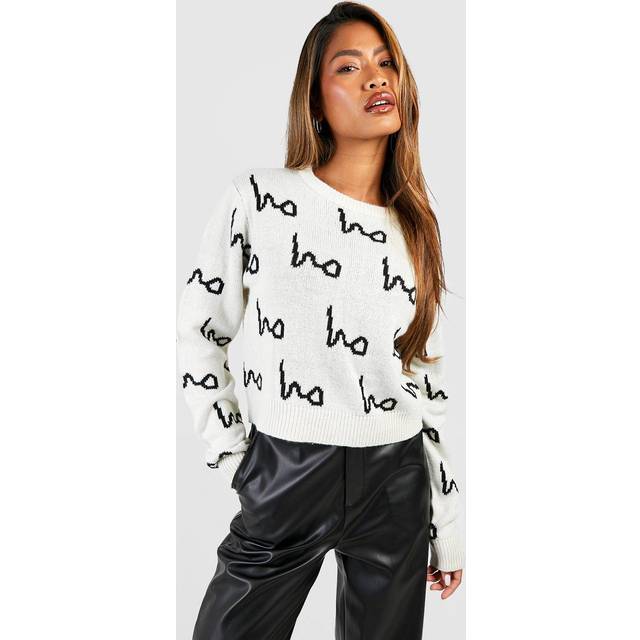 Womens Ho Ho Ho All Over Print Crop Christmas Jumper - White - S