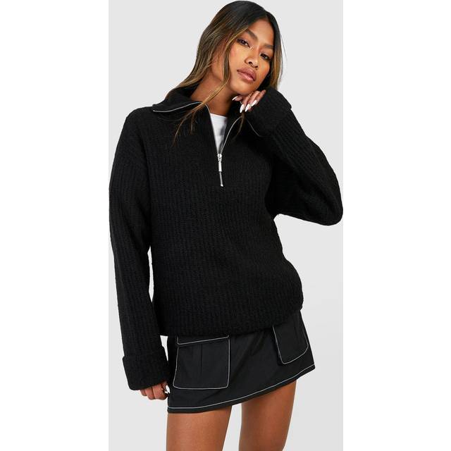 Womens Chunky Soft Knit Half Zip Jumper - Black - L