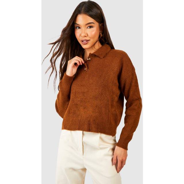 Womens Soft Knit Jumper With Polo Collar - Beige - S/M, Beige