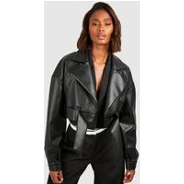 Womens Faux Leather Belted Crop Jacket - Black - 14
