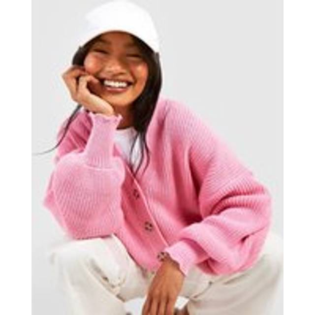 Womens Balloon Sleeve Button Through Rib Cardigan - Pink - L, Pink