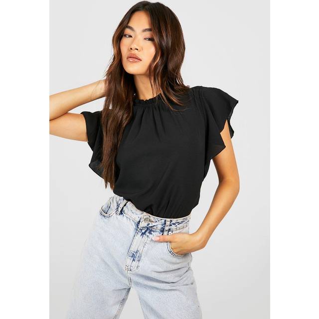 Womens Woven Frill Sleeve And Neck Blouse - Black - 14