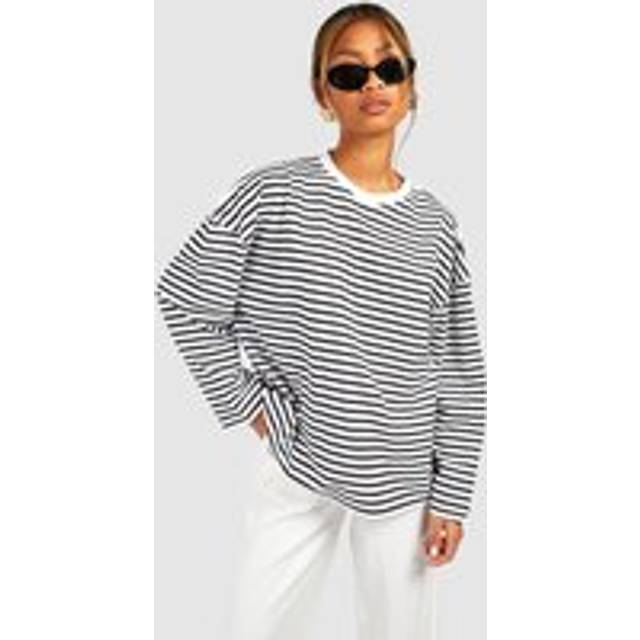 Womens Boohoo Basics Cotton Oversized Long Sleeve Striped T-shirt - White - 6
