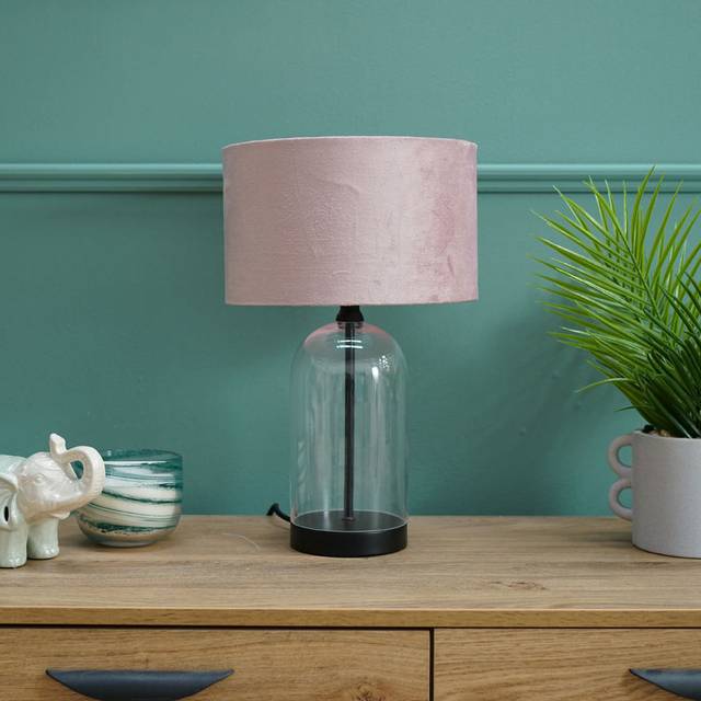 Glass and Black Metal Table Lamp with Blush Pink Velvet Shade Light