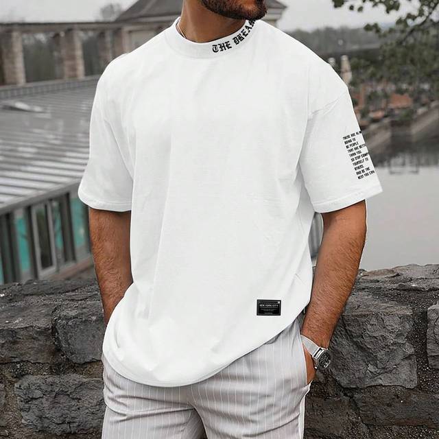 Manfinity Men Letter Print Stand Collar Short Sleeve T-Shirt, For Going Out, For Husband