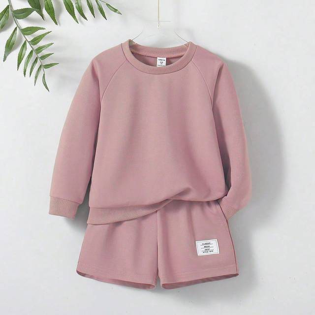 SHEIN Young Girl Casual Comfortable Long Sleeve Sweatshirt And Shorts Set For Spring/Summer