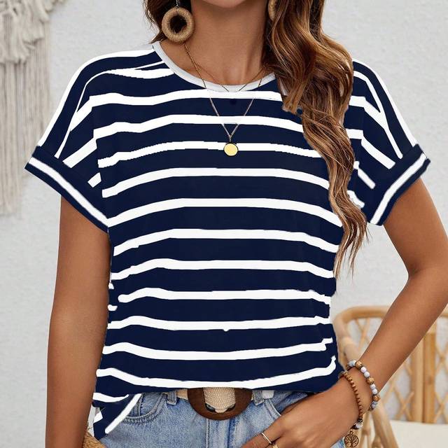 EMERY ROSE Striped Batwing Sleeve T-Shirt, Casual, Summer Graphic Tees Women Tops