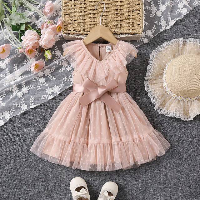 SHEIN Baby Girl&#39;s Cute & Elegant A-Line Polka Dot Mesh Splice Sleeveless Dress With Gathered Waist, Spring/Summer