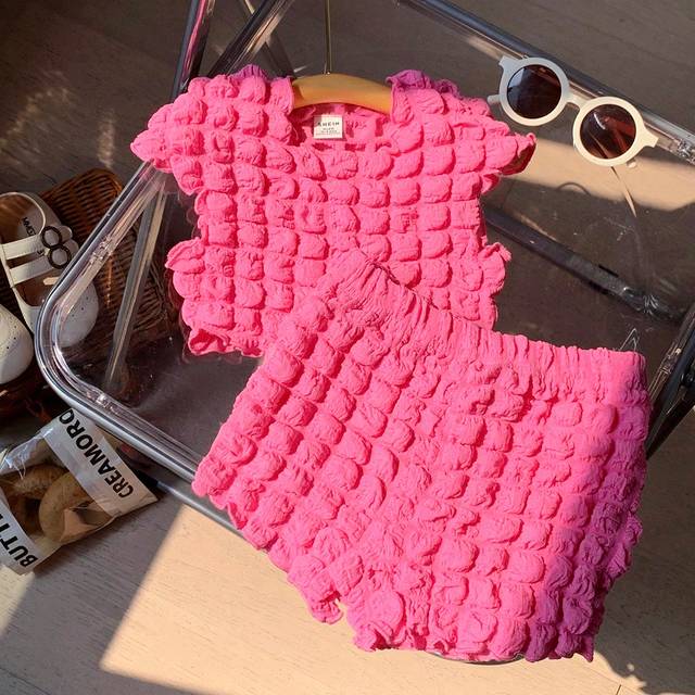 SHEIN Baby Girl Elegant And Lovely Pink Gingham Poplin T-Shirt And Shorts Set, Elastic Fabric