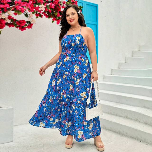Dreamara Plus Size Backless Halter Neck Floral Print Sundress With Tassel Ties