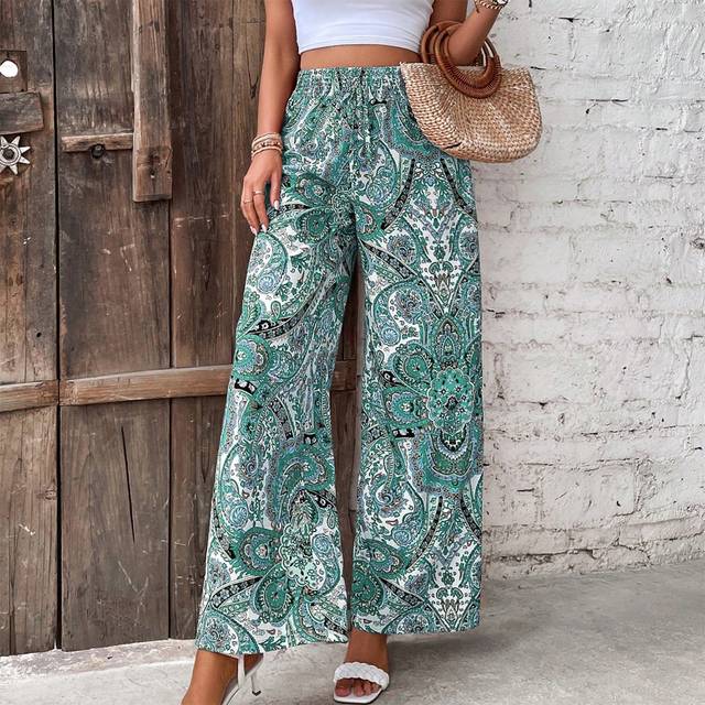 Breezaya Women&#39;s Casual Vacation Style Paisley Printed Wide Leg Pants