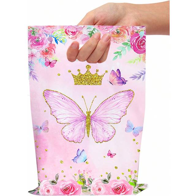 SHEIN 10/25pcs Pink Butterfly Style Gift Bag, Handheld Gift Bag, Butterfly Theme Birthday Party Family Holiday Party Decoration Supplies, Multi-Purpose Gift