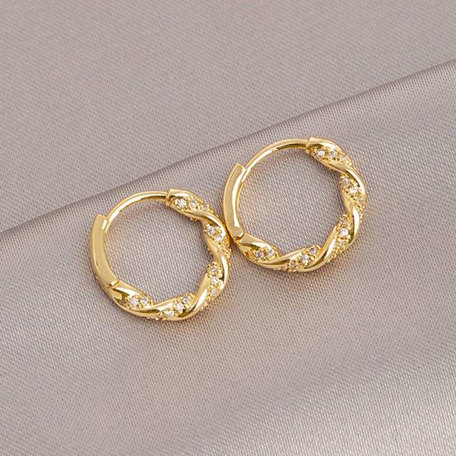 SHEIN 1pair Simple French Style Light Luxury Twisted Hoop Earrings Set With Rhinestones