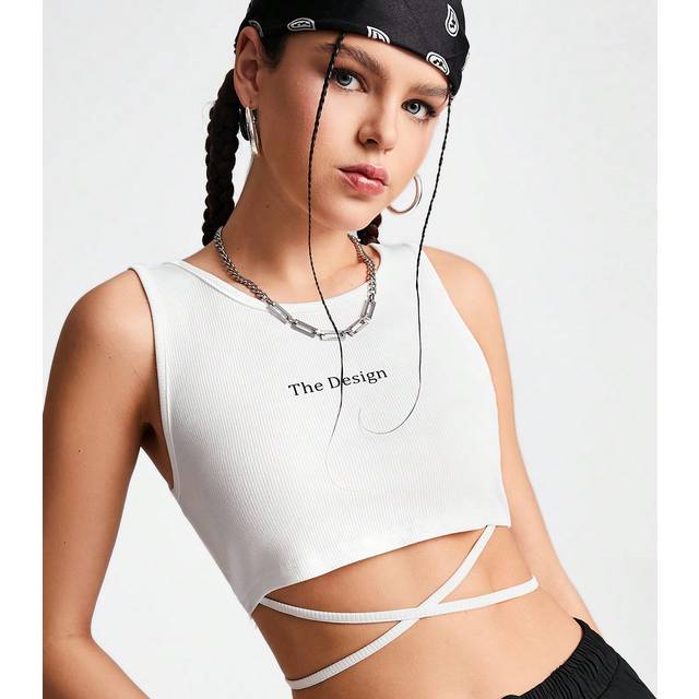 Kvinnors brevtryck Criss Cross Hem Crop Top för sport sommar linne - Vitt (L,M,S,XL)