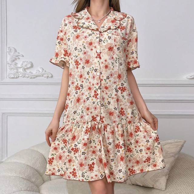 SHEIN Flower Printed Button Down Pajama Night Dress With Ruffle Hem Holiday Season