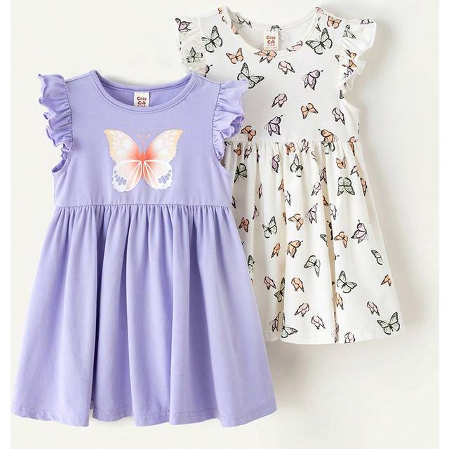 Cozy Pixies Baby Girl Butterfly Patterned Round Neck Dress With Ruffle Trim And Elastic Waist, 2pcs/Set