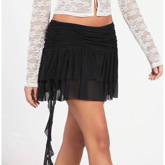 SHEIN Women&#39;s Black Elastic Mesh Fabric Ruffle Trim Skirt