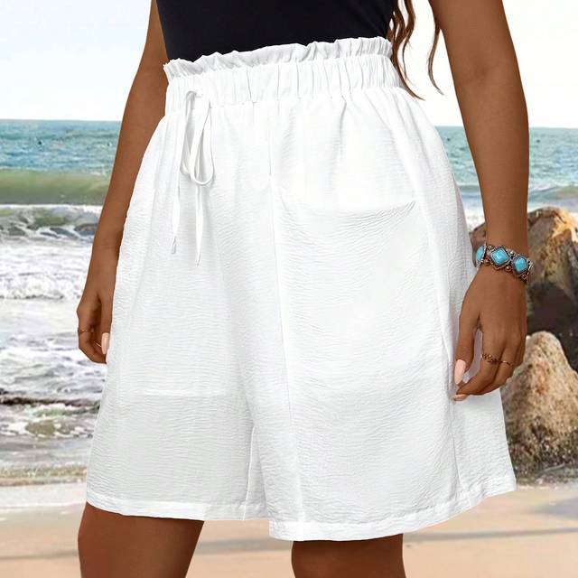 EMERY ROSE Plus Size Women&#39;s Summer White Doubledeck  Paper Bag Waist Double Pocket Bandage Comfy Shorts