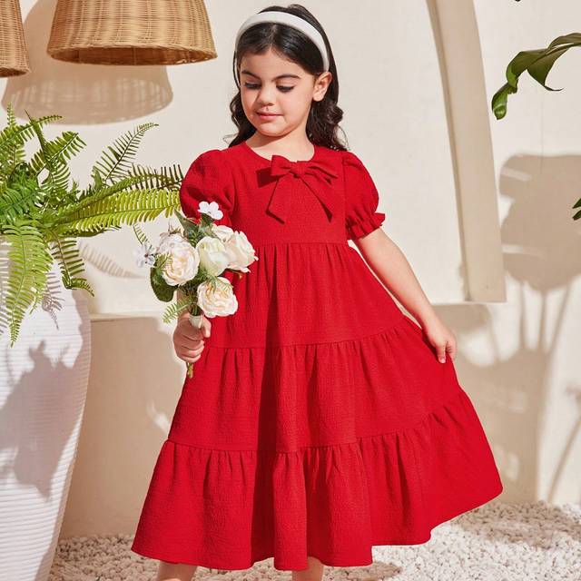 SHEIN Young Girl Loose Round Neck Bubble Sleeve A-Line Midi Solid Color Dress, Vacation Style