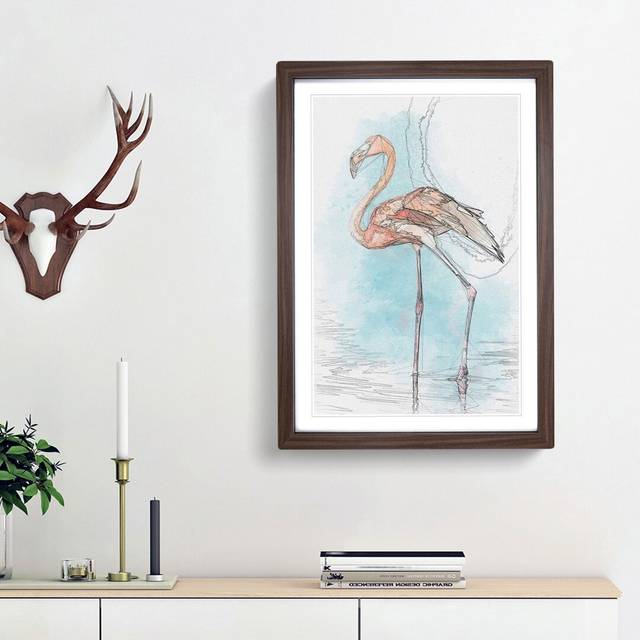 Flamingo Bird in Abstract - Picture Frame Graphic Art Print - Walnut Framed (48cm H x 36cm W x 2cm D)
