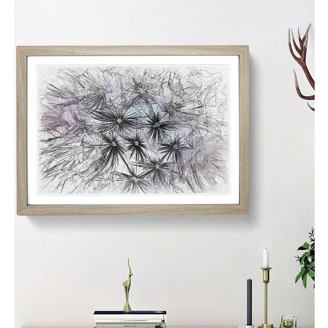 Dandelion Seeds in Blue & Pink - Picture Frame Graphic Art Print - Oak Framed (40cm H x 60cm W x 2cm D)