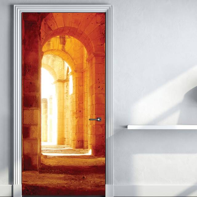 Castle Hallway Door Sticker - Yellow;Orange (200cm H X 90cm W)