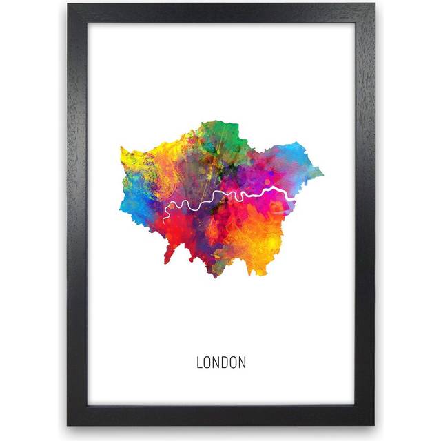 London Watercolour Map by Michael Tompsett - Graphic Art Print - Black Framed (34cm H x 25cm W x 3cm D)