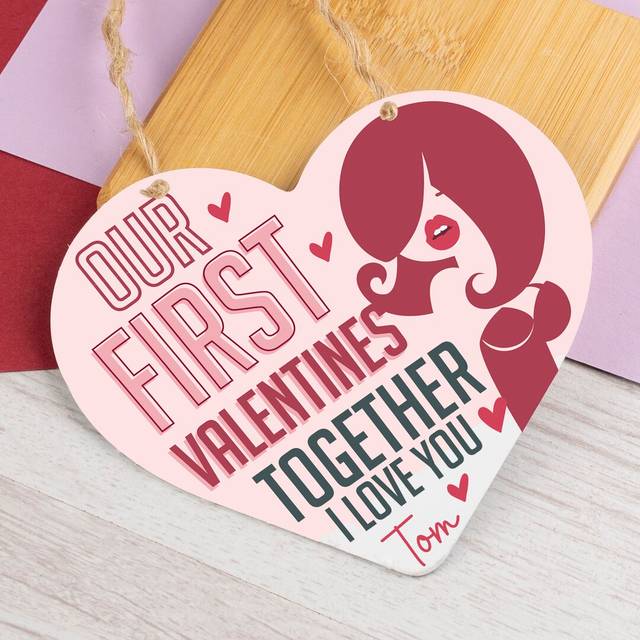 Wooden Heart Plaque First Valentine - Multicolour;Multicolour (10.5cm H X 11.5cm W)