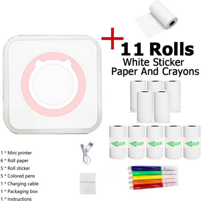 (Pink Printer 11 Rolls Paper) 1pc Mini Printer Portable Pocket Printer Inkless Photo Printer For Wireless Printer For IOS/Android Smartphone
