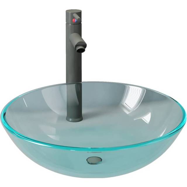 vidaXL Bathroom Sink with Tap and Push Drain Clear Tempered Glass - Transparent