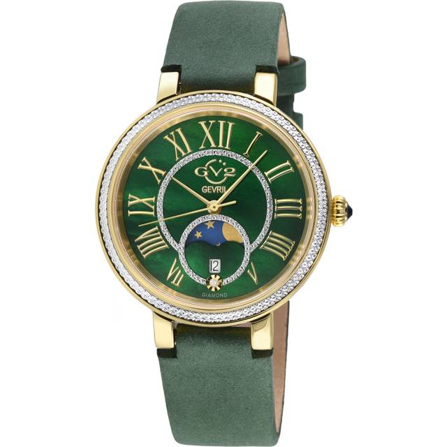 Womens Genoa SS IP Gold Case, Green MOP Dial, Authentic Handmade Ion Green Suede Leather Strap - One Size