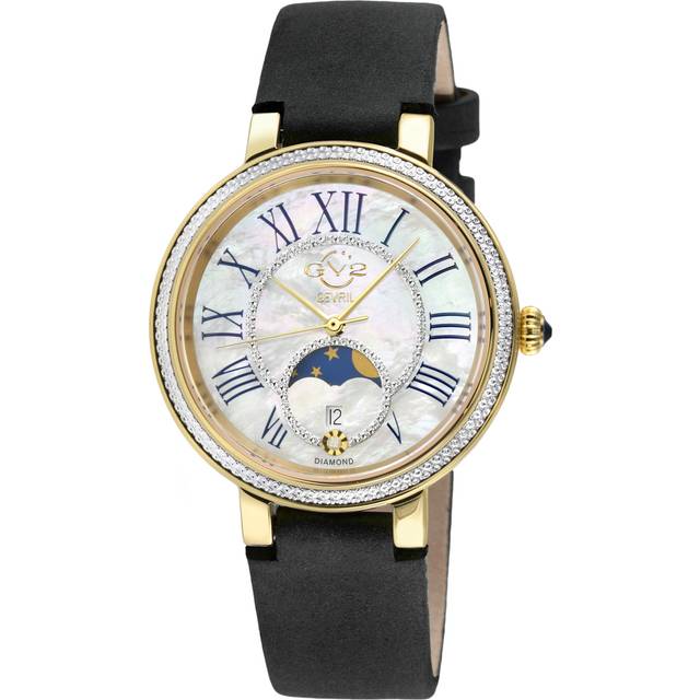 Gv2 WoMens Genoa SS IPYG Case, White MOP Dial, Authentic Handmade Black Nero Suede Leather Strap - One Size