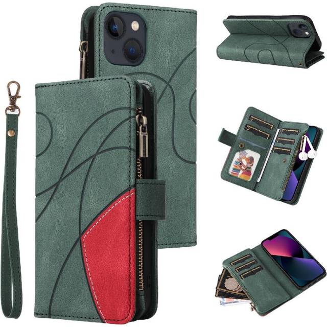 (Green) Case For IPhone 14 Zipper Wallet Style Two-color Stitching Kickstand Protective With Card Slot Stand Nine Card Slots