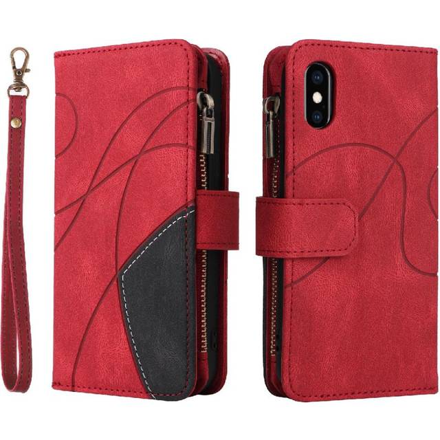 (Red) Case For IPhone XS MAX Zipper Wallet Style Nine Card Slots Kickstand Protective Two-color Stitching With Card Slot Stand