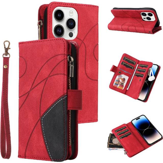 (Red) Case For IPhone 14 Pro With Card Slot Stand Nine Card Slots Kickstand Protective Zipper Wallet Style Two-color Stitching
