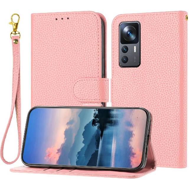 (Pink) Phone Case For Xiaomi 12T/12T Pro Litchi Pattern Flip Folio Wallet Card Slots Holder PU Lether