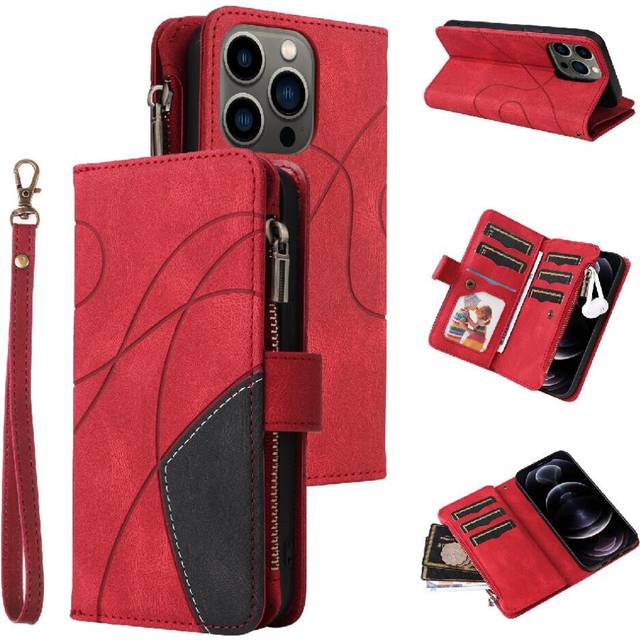 (Red) Case For IPhone 12/12 Pro With Card Slot Stand Zipper Wallet Style Kickstand Protective Nine Card Slots Two-color Stitching