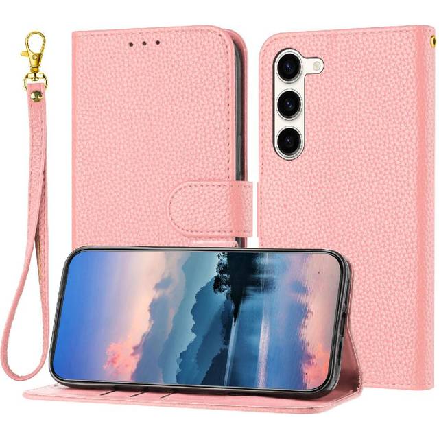 (Pink) Phone Case For Samsung Galaxy S23 Plus Wallet Card Slots Holder Litchi Pattern PU Lether Flip Folio