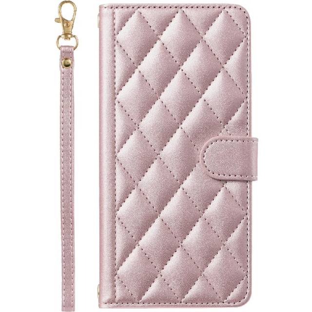 (Pink) Phone Case For IPhone 12 Pro Max Flip Folio Wallet Lattice Hand Strap Card Slots Holder Magnetic