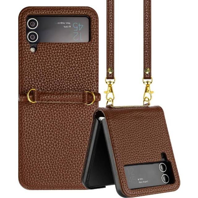 (Brown) Phone Case For Samsung Galaxy Z Flip 3 Card Slots Holder PU Lether Litchi Pattern Flip Folio Wallet