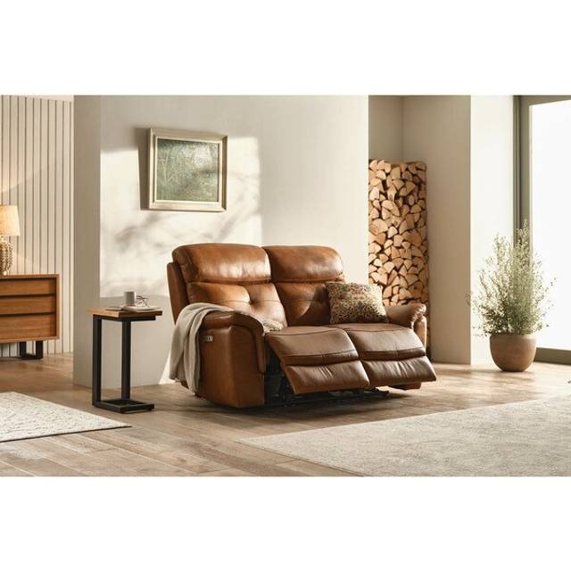 Virgo Cognac Leather Sofas - 2 Seater Electric Recliner Sofa with Power Headrests - Iver Range - Oak Furnitureland
